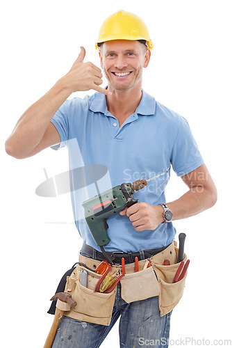 Image of Call gesture, portrait man and construction worker, handyman or contractor with drill, tools or industry equipment. Safety PPE, emoji contact sign or happy studio builder isolated on white background