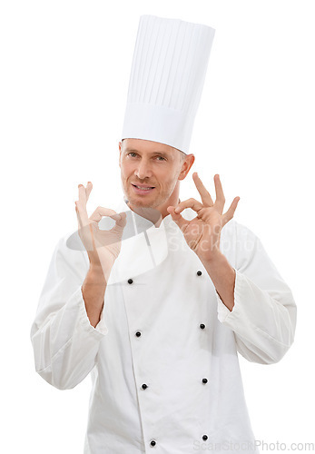 Image of Man, chef and hands in OK sign for perfection, approval or precision isolated on a white studio background. Portrait of happy culinary artist showing hand gesture for perfect, precise or just right