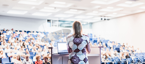 Image of Public speaker giving talk at Business Event.