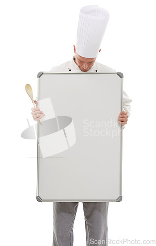 Image of Chef man with mockup board isolated on a white background for empty menu and culinary career services. Professional cooking or bakery person with whiteboard, presentation and ideas in studio mock up