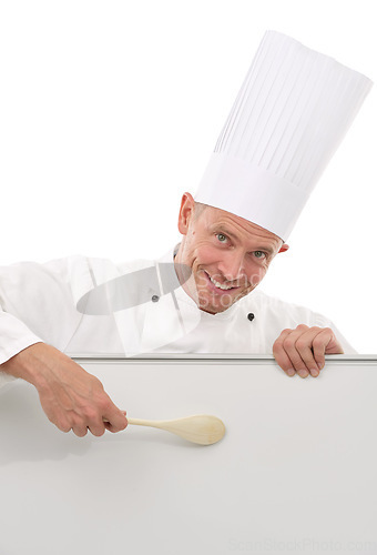 Image of Chef, portrait and menu poster of a man with mockup space, banner or billboard for advertising food. Happy person with board sign and spoon for restaurant or cafe promotion white background in studio