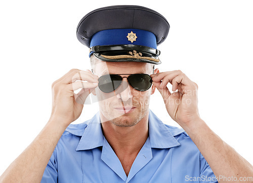 Image of Security, officer and face of police with sunglasses on white background for authority, public safety and crime. Justice, law enforcement and portrait of policeman, traffic cop and guard in studio