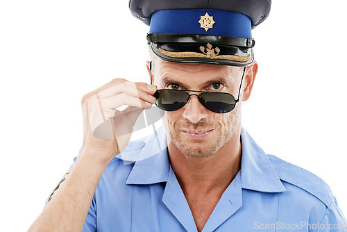 Image of Security, crime and portrait of police with sunglasses on white background for authority, public safety and laws. Justice, law enforcement officer and face of policeman, traffic cop and service guard