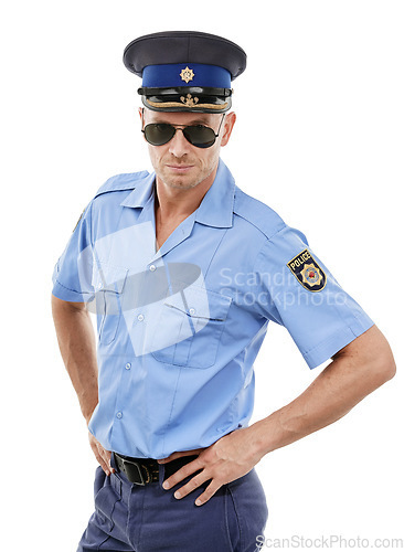 Image of Officer, security and portrait of police on white background for authority, public safety and crime. Justice, law enforcement and isolated policeman, traffic cop and guard with hands on hip in studio