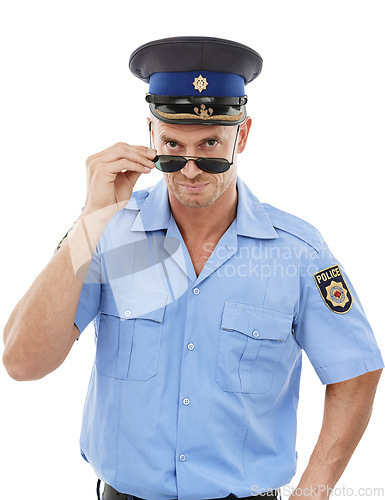 Image of Security, crime officer and portrait of police on white background for authority, public safety and laws. Justice, law enforcement and isolated policeman, traffic cop and guard face with sunglasses