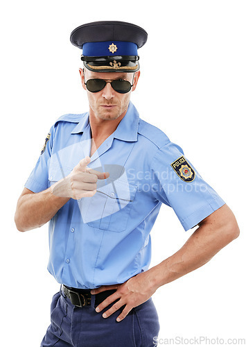 Image of Security, officer and portrait of police point on white background for authority, public safety and crime. Justice, law enforcement and isolated policeman, traffic cop and guard with hand gesture