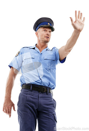 Image of Police, stop and cop as legal professional or law enforcement with authority isolated against a studio white background. Man, gesture and officer in uniform for public service as safety or protection