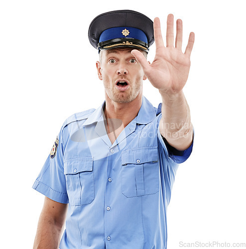 Image of Police, stop and officer or law enforcement with legal authority isolated against a studio white background. Man, cop and person with uniform for public service for safety and protection