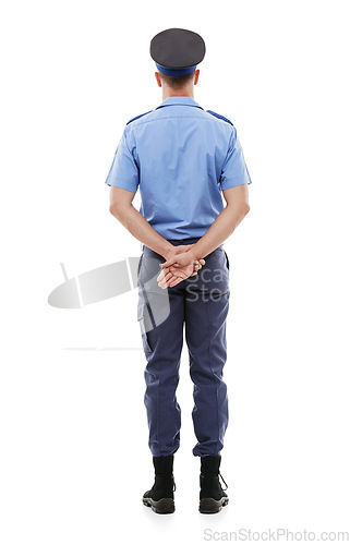 Image of Police, law and rear view of man in studio for crime, protection and safety against white background. Security, authority and back of male official ready for crime, justice and protection isolated