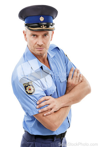 Image of Safety, security and portrait of police with crossed arms on white background for authority, leadership and justice. Law enforcement, public service and isolated guard, policeman and cop in uniform