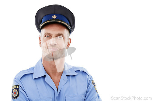 Image of Security, safety and portrait of police with smile on white background for authority, leadership and pride. Law enforcement, justice and isolated face of guard, policeman and officer happy in uniform