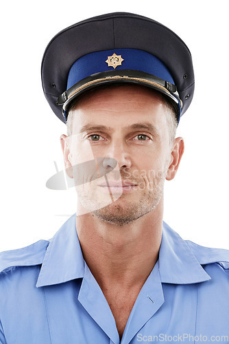 Image of Studio man, face portrait and police officer for justice law enforcement, safety or army security service. Sheriff profile picture, Ukraine military soldier or crime hero isolated on white background