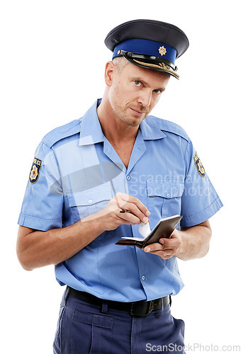 Image of Parking fine, ticket and portrait of police writing on notepad for traffic laws, crime and public service. Justice, law enforcement and face of policeman, security guard and safety officer with paper