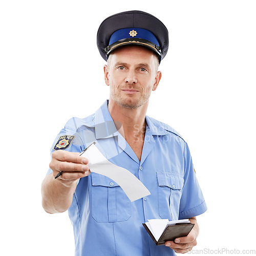 Image of Law, portrait and police officer with a ticket for a violation isolated on a white background in a studio. Security, guard and man working in safety with a note for a traffic offense on a backdrop