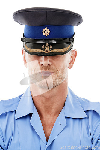 Image of Law, police and front of man in studio for crime, protection and safety against white background. Security, authority and headshot of male official ready for crime, justice and protection isolated