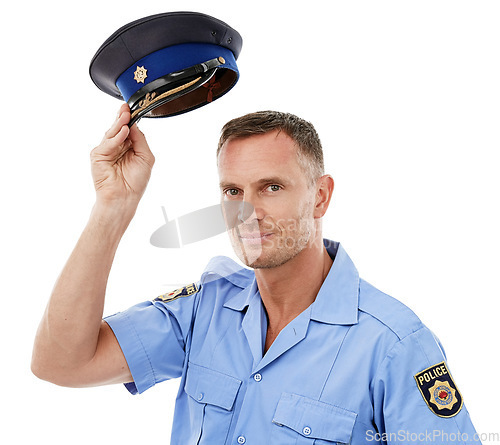 Image of Portrait, police officer and man isolated on a white background, hat for leadership or safety in studio mockup. Security, law and compliance, professional person or attractive model in legal uniform