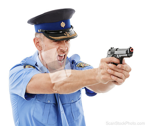 Image of Angry man, police officer and shooting gun standing isolated on a white studio background. Male security guard or detective holding firearm or weapon screaming the law to stop crime or violence