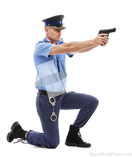 Image of Man, police officer and pointing gun ready to fire or shoot isolated on a white studio background. Male security guard or detective holding firearm to uphold the law, stop crime or violence