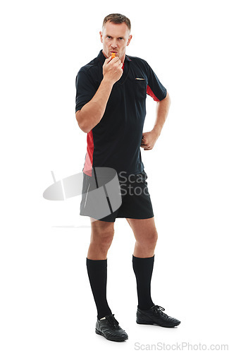 Image of Referee man, portrait and angry whistle blow, soccer foul and warning in match or game isolated on white background. Sports, fitness and compliance, rules and male in studio with football penalty