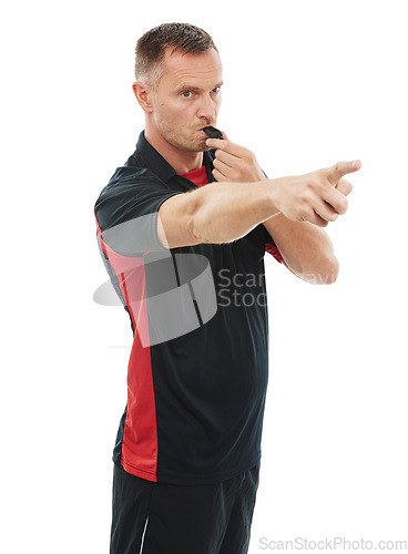 Image of Referee, sport and man blowing whistle, pointing or gesture .in studio warning, sign or message on white background. Sports, coach and hand for rules, compliance and caution while training isolated