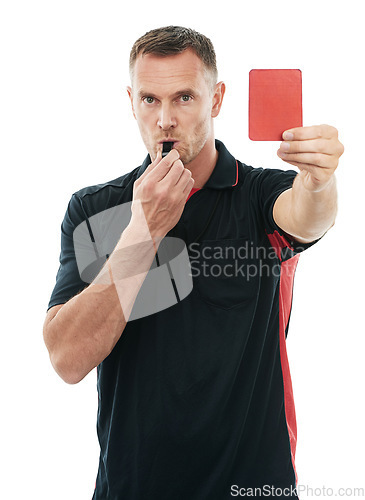 Image of Referee man, red card and whistle portrait with hand warning for soccer rules, penalty or fail in studio. Fitness coach sign for mistake or caution for competition game isolated on a white background