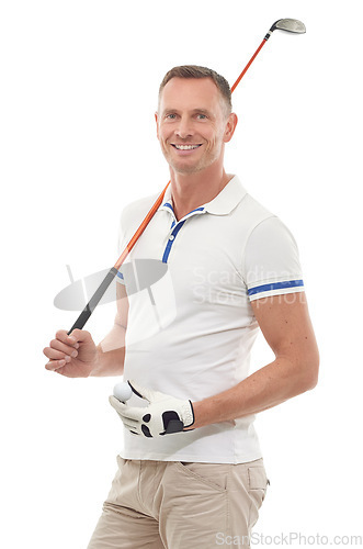 Image of Sports, golf and portrait of man in studio isolated on a white background ready to start game. Training, golfer and mature male holding ball and club driver for golfing workout, exercise and fitness.