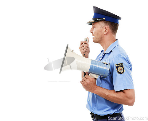 Image of Justice man, megaphone or police officer speech for service announcement, legal law or studio crime. Safety profile, security communication speaker or talking hero isolated on mockup white background