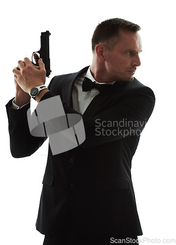 Image of Movie star, gun and spy agent man with isolated, white background and mockup ready for action. Actor, weapon and tuxedo suit of a man looking mysterious with classy style and pistol for danger