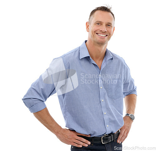 Image of Portrait, smile and business man in studio isolated on a white background. Boss, ceo and confident, proud and happy middle aged male entrepreneur from Canada with vision, mission and success mindset.