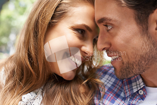 Image of Couple, face and happy with love and commitment, healthy relationship with happiness, partnership and care outdoor. Romantic, tender and peace with man and woman sharing a moment, trust with closeup