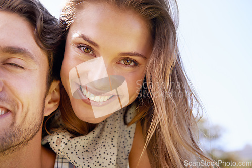 Image of Happy couple, portrait or piggyback on love date, valentines day or romance bonding in nature park or garden backyard. Zoom, face or smile and man carrying woman in fun game support or freedom energy