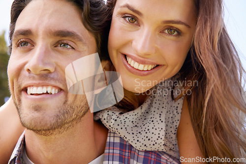 Image of Happy couple, portrait or piggyback on romance date, valentines day or love bonding in park, garden backyard or nature. Zoom, face or smile and man carrying woman in fun game support or freedom trust