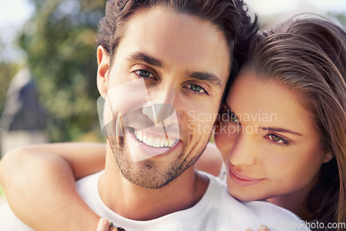 Image of Happy couple, hug or face portrait on love date, valentines day or nature park romance in relax garden bonding. Zoom, smile or embrace for woman and man in care trust, security and honeymoon support