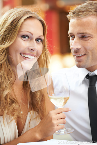 Image of Love, couple and champagne for celebration, happiness and achievement outdoor, romance and joyful. Portrait, man and woman with alcohol, wine glass and Valentines day date, relationship and smile