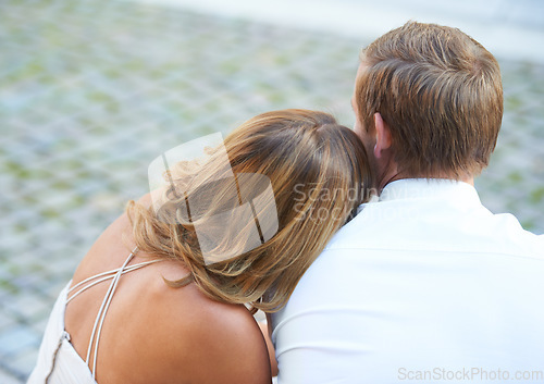 Image of Peace, love and back of a couple after marriage, celebration and date together in the city of Italy. Calm, content and man and woman with affection, romance and resting in town after valentines day