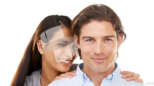 Image of Valentines day, love and couple on a date hugging in happiness and happy isolated in a studio white background. Portrait, lovers and man with woman for romance in a relationship together