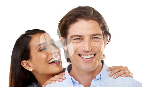 Image of Portrait, love and happy couple together on a date hugging in happiness and smiling isolated in a studio white background. Portrait, lovers and man with woman for romance in a relationship