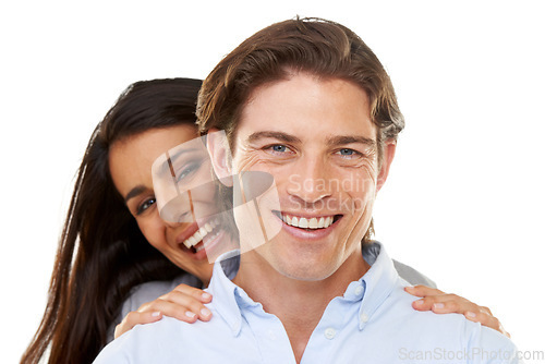 Image of Happy, love and portrait of couple on a date hugging in happiness on valentines day isolated in a studio white background. People, lovers and man with smiling woman for romance in a relationship