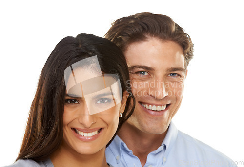 Image of Valentines day, portrait and couple together on a date hugging in happiness and happy isolated in a studio white background. Love, lovers and man with smiling woman for romance in a relationship