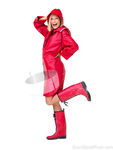 Image of Winter, red raincoat and portrait of woman on white background with smile, content and happy mindset. Fashion, weather and isolated full body of girl in style, trendy and creative clothes in studio