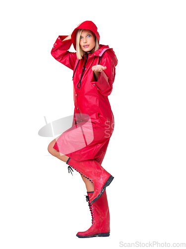 Image of Winter, waterproof and portrait of a woman with a raincoat isolated on a white background in studio. Insurance, happy and model with clothes for rain, boots and prepared for bad weather on a backdrop