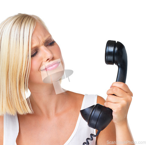 Image of Phone, telephone and confused woman annoyed at a call discussion, communication and conversation. Frustrated, scam and spam on female looking puzzled by isolated against a studio white background
