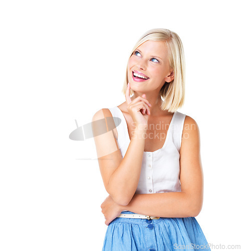 Image of Thinking, idea and woman in dress in studio isolated on a white background mock up. Decision, planning and young, happy and pensive female model lost in thoughts, nostalgic or contemplating memory.