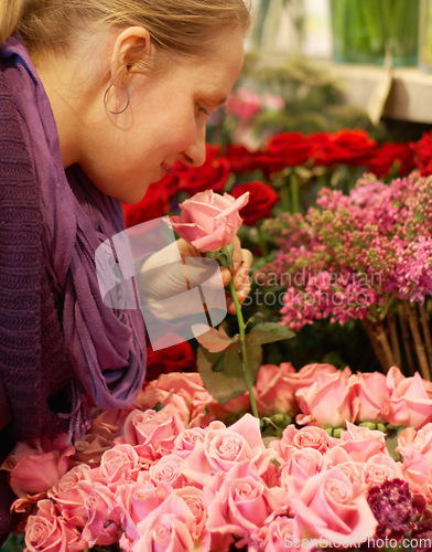 Image of Woman, smelling roses and retail for floral bouquet for scent, color and shopping for valentines day gift. Flowers, leaves and sustainable plants for beauty, present and sale in startup florist store