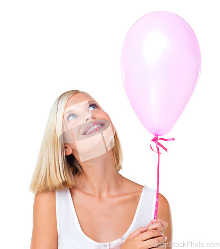 Image of Young woman, balloon and smile of a model with mockup, white background and studio space. Birthday, party or valentines day balloons with happy smiling person with mock up excited to celebrate