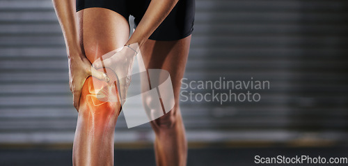 Image of Knee injury, red muscle and man exercise with medical pain, body strain and sports emergency. Legs, wound and fitness accident from workout, arthritis and skeleton anatomy for orthopedic first aid