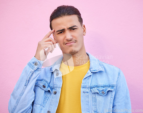 Image of Confusion, portrait and man with casual outfit, doubt and wonder for future, thinking and mockup on studio background. Face, thoughtful male and gentleman with doubt, contemplation and unsure