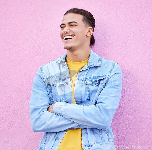 Image of Student man, arms crossed and fashion by background with smile, happiness and profile with vision. Young gen z guy, excited and happy for future with goals, motivation and edgy clothes by pink wall