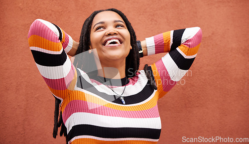 Image of Wall, black woman and thinking with smile, relax and carefree with wonder, fantasy and future. Ghana, female and lady with happiness, joyful and wondering with decisions, imagination and laughing