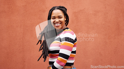 Image of Portrait, wall and black woman with smile, fashion and freedom with joy, success and casual outfit. Face, Jamaican female and happy lady on background, happiness and cheerful with wonder and mockup